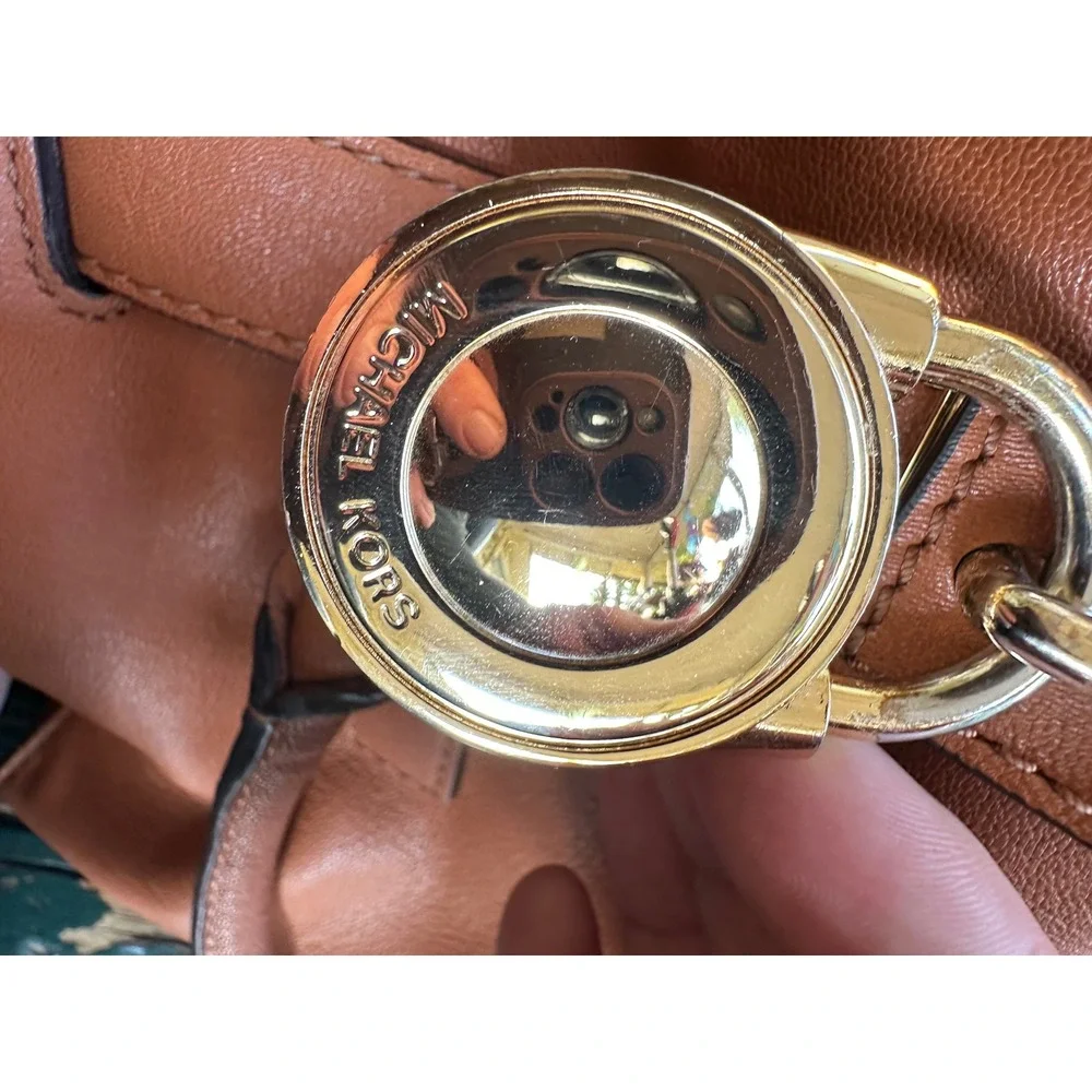 Michael Kors Hamilton Cognac Leather Satchel Gold Padlock Handbag with Pouch